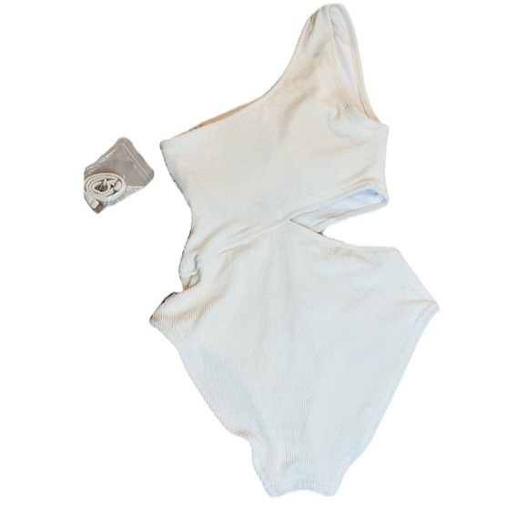 Michael Kors Swimsuit, one-shoulder, ribbed, one-piece, Cream Color, Size 4 - Picture 5 of 8